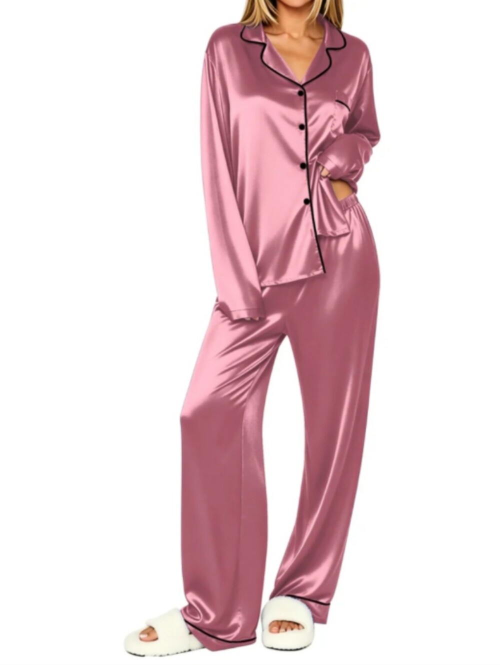 EKOUAER Rose Pink Satin Pajama Set XXL